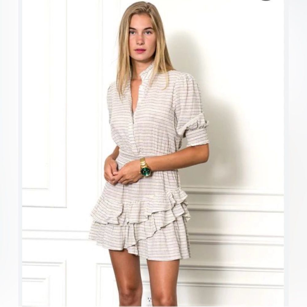 The Shirt by Rochelle Behrens Cream Striped Ruffle Mini Dress